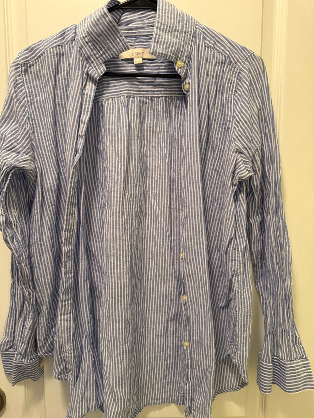 LOFT Blue & White Vertical Stripe Linen-Blend Shirt